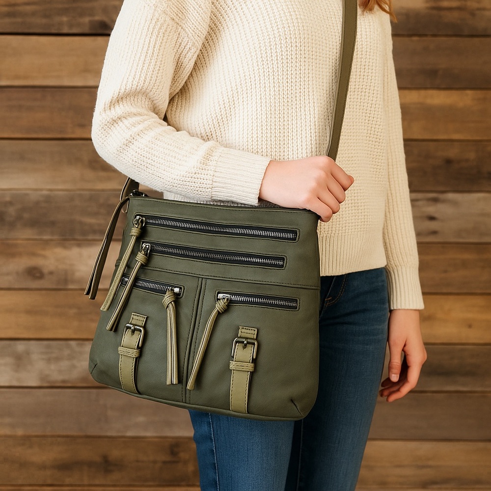 👜 Two-Tone Faux Leather Satchel – Zippers + Buckle Details – 12” Crossbody